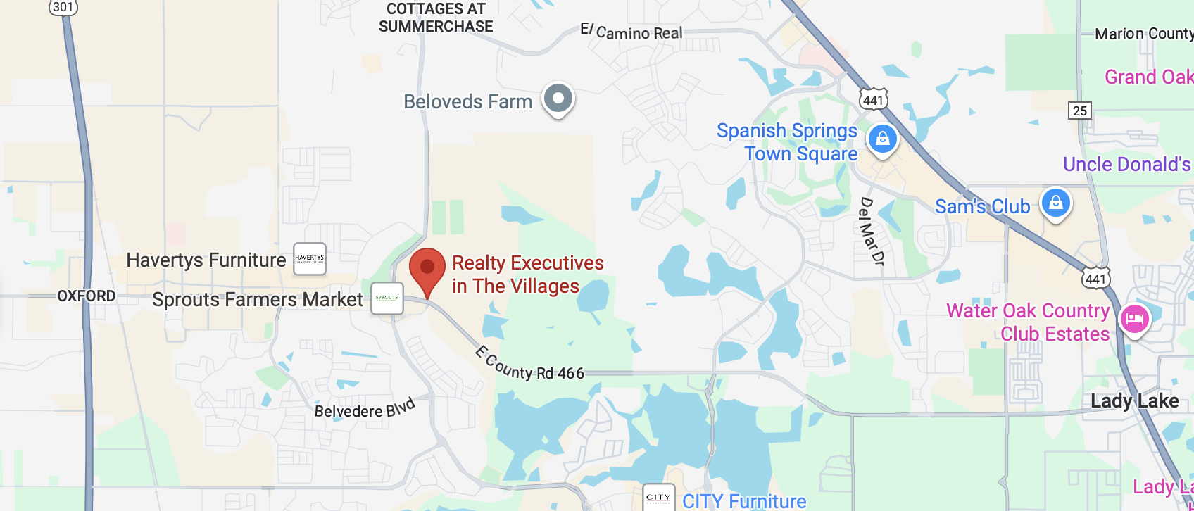 A map to Realty Executives in The Villages, Florida.